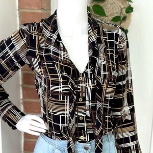 Trina Turk Cross Hatch Tie Neck Button Down Silk Blouse Size 2